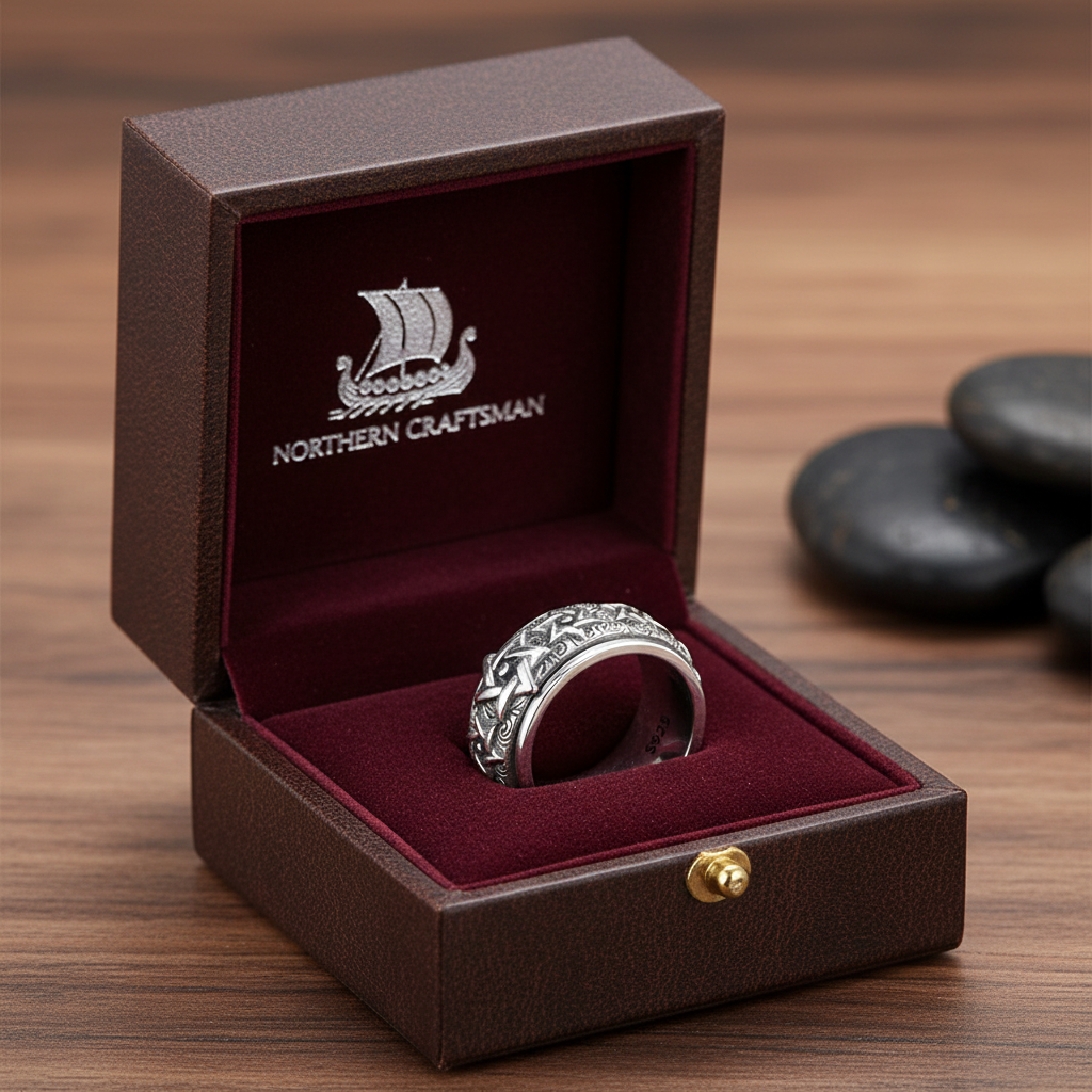 S925 Sterling Silver Viking Ring in premium leather jewelry box