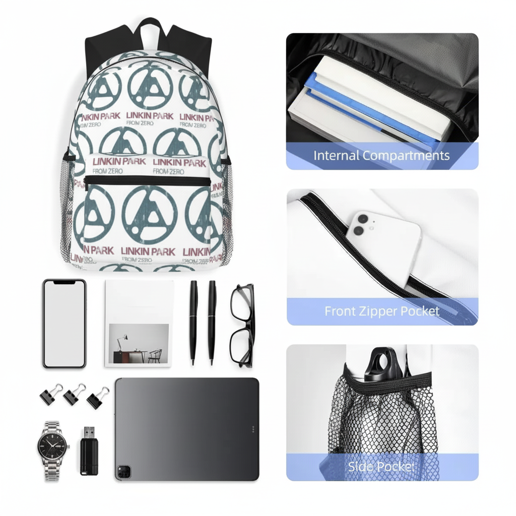 Linkin Park Backpack interior view on white surface showing storage capacity