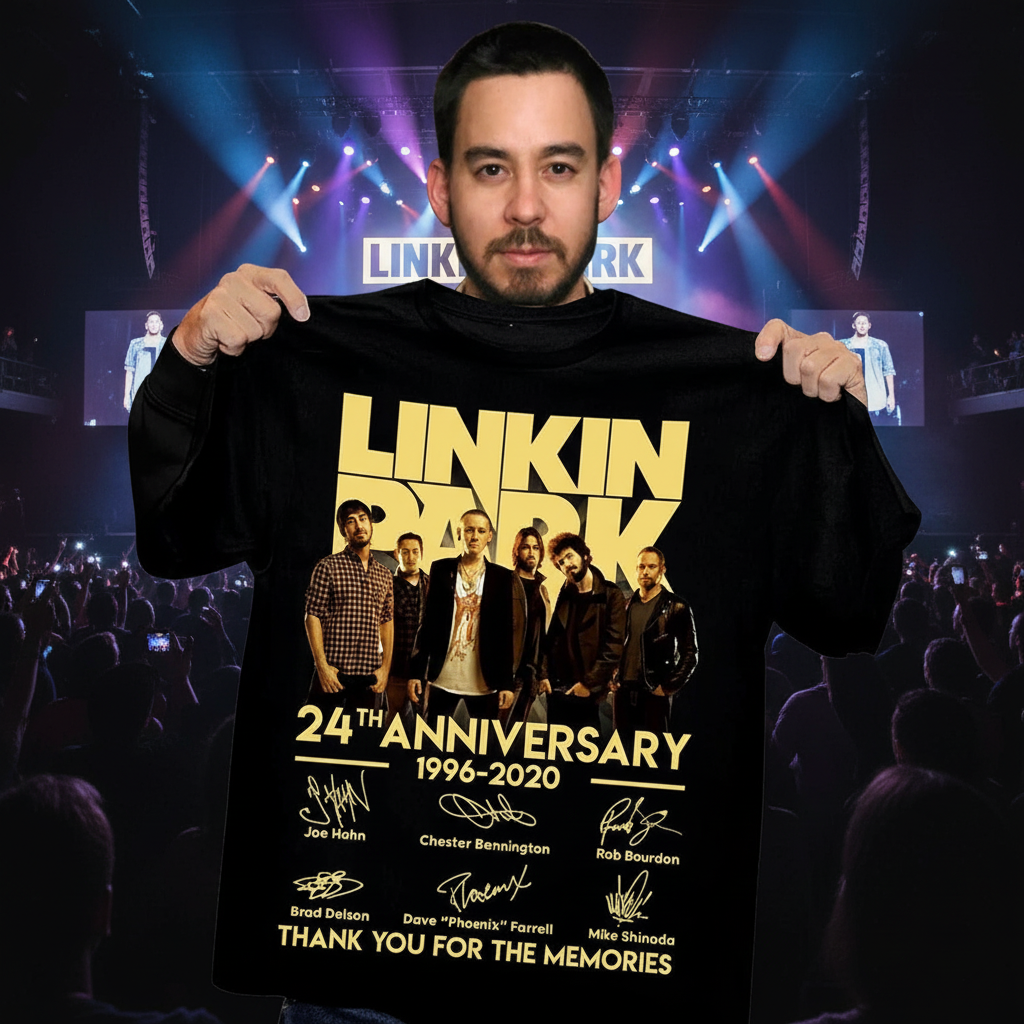 Linkin Park Tribute T-Shirt in memorial concert venue with stage lighting