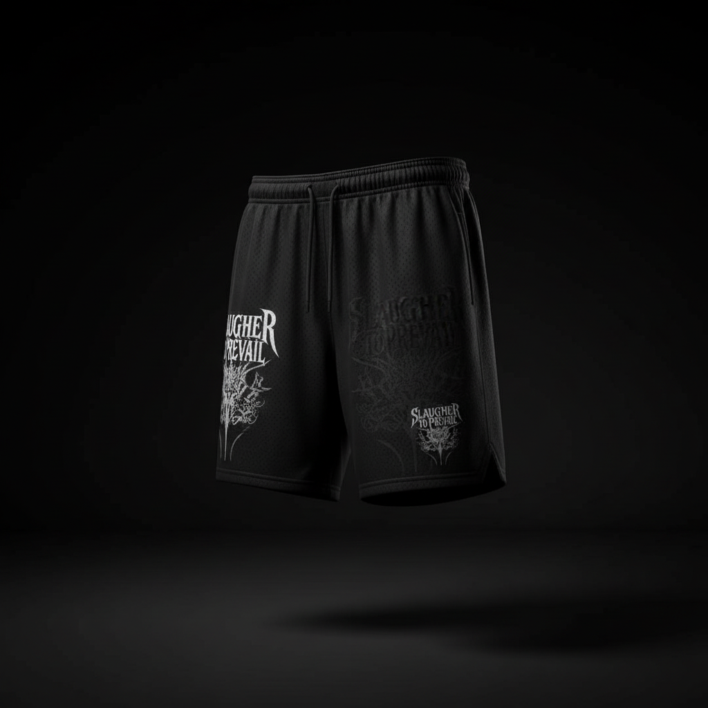 Slaughter To Prevail Deathcore Shorts detail in minimalist dark studio with dramatic lighting