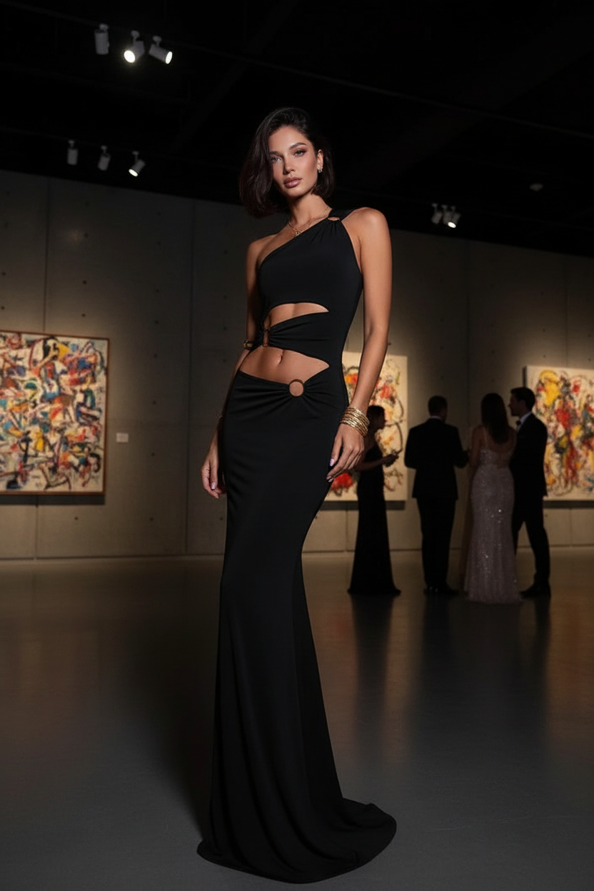 Women's Elegant Hollow Out Bodycon Dress - Sleeveless Diagonal Collar Long Dress with Ring Details - Matt's random items Dres