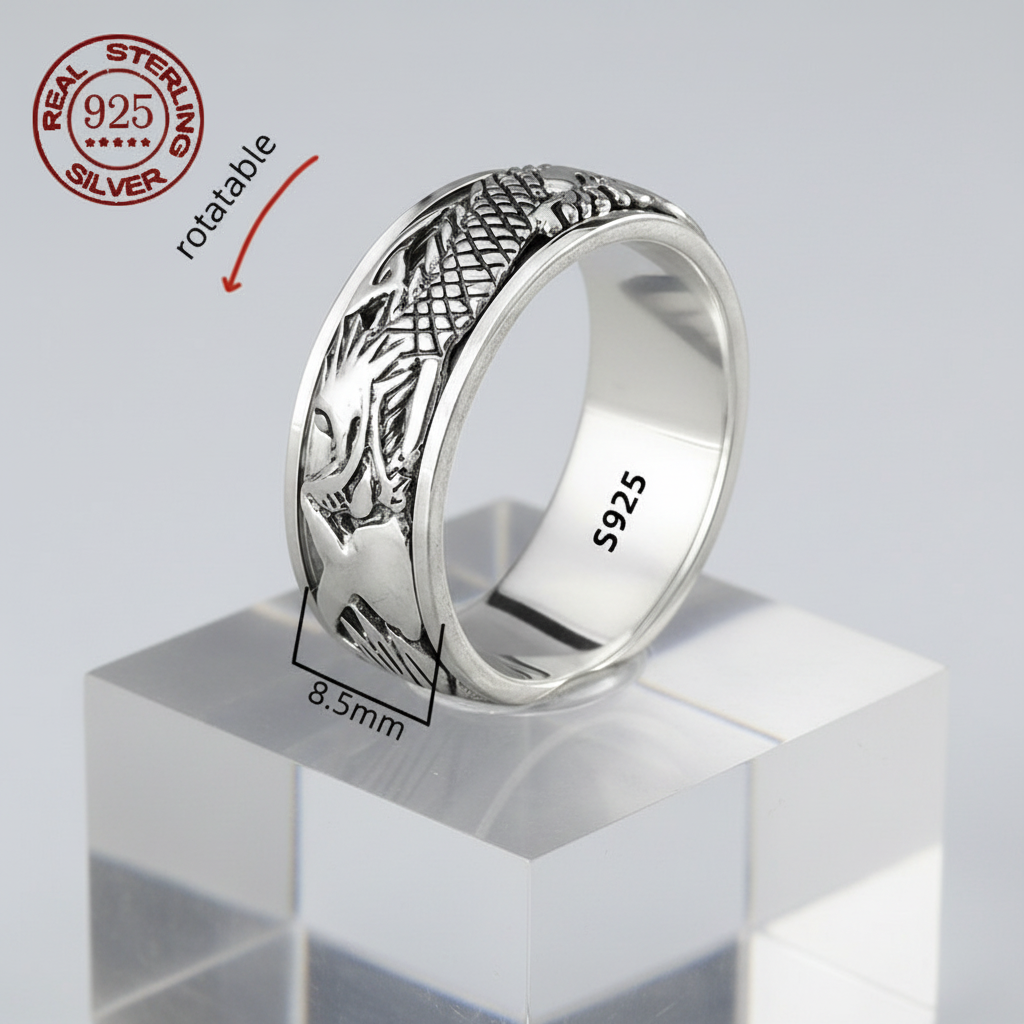 S925 Sterling Silver Viking Ring on sleek acrylic jewelry display stand