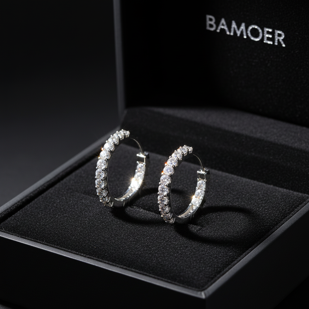 BAMOER 925 Sterling Silver Moissanite Hoop Earrings in black jewelry box
