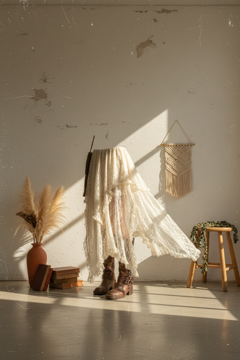 Artistic vintage style photography of boho lace skirt