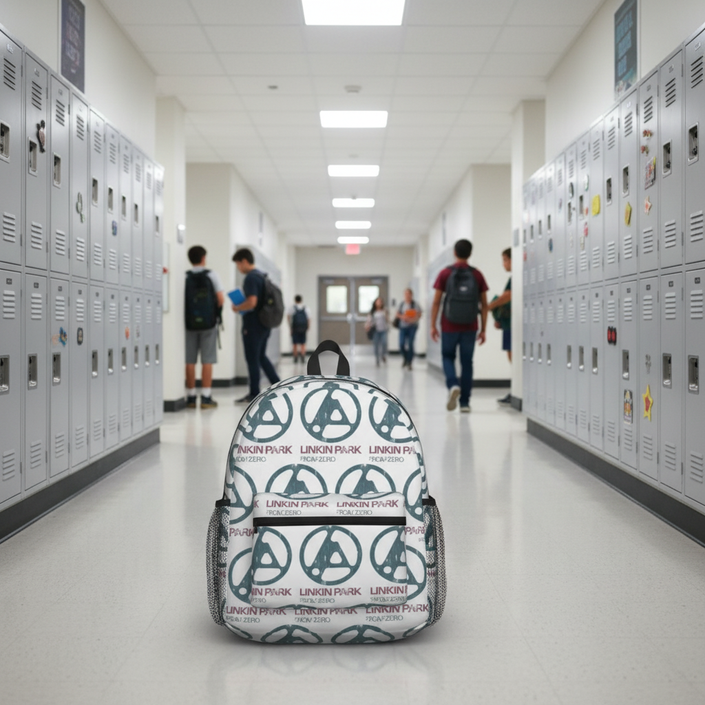 Linkin Park Backpack in school hallway with lockers - front view
