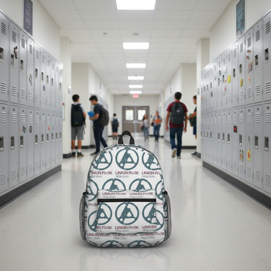 Linkin Park Backpack in school hallway with lockers - front view
