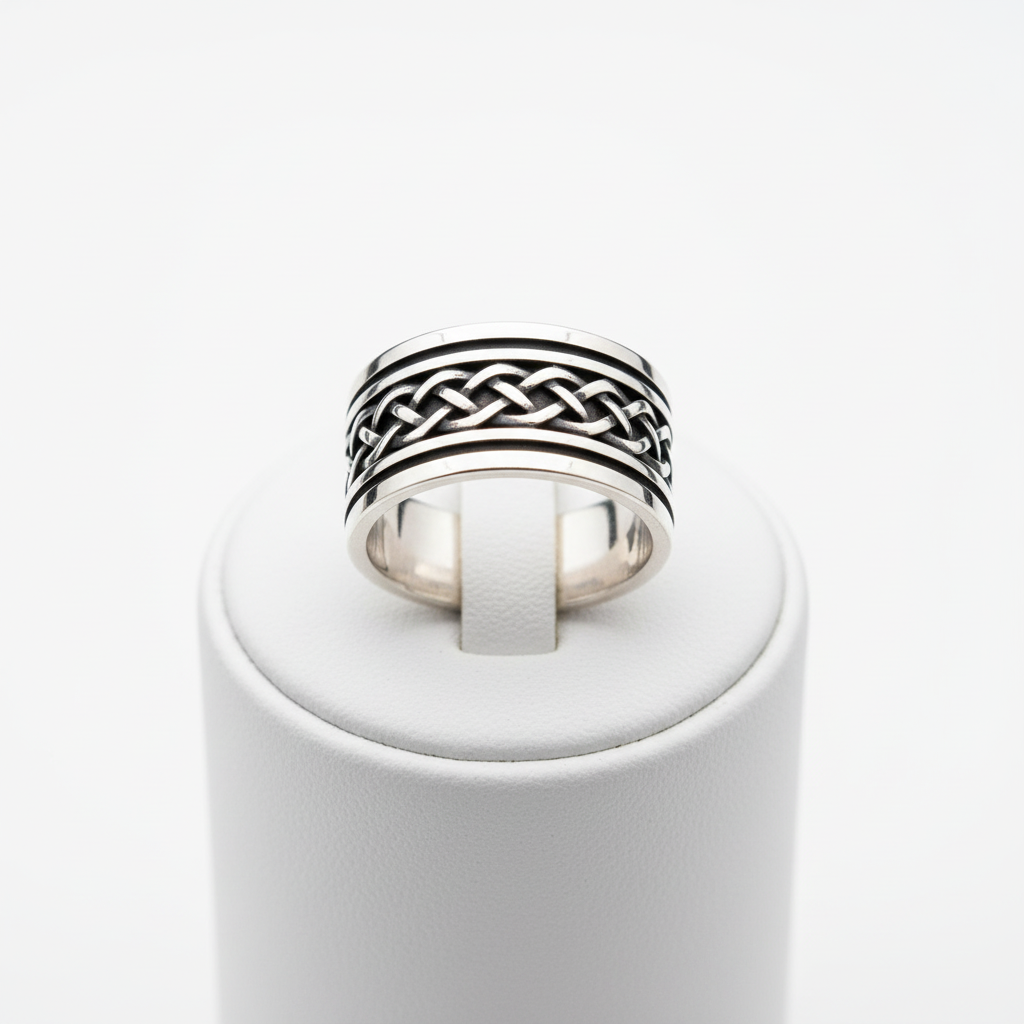 S925 Sterling Silver Viking Ring on minimalist white background