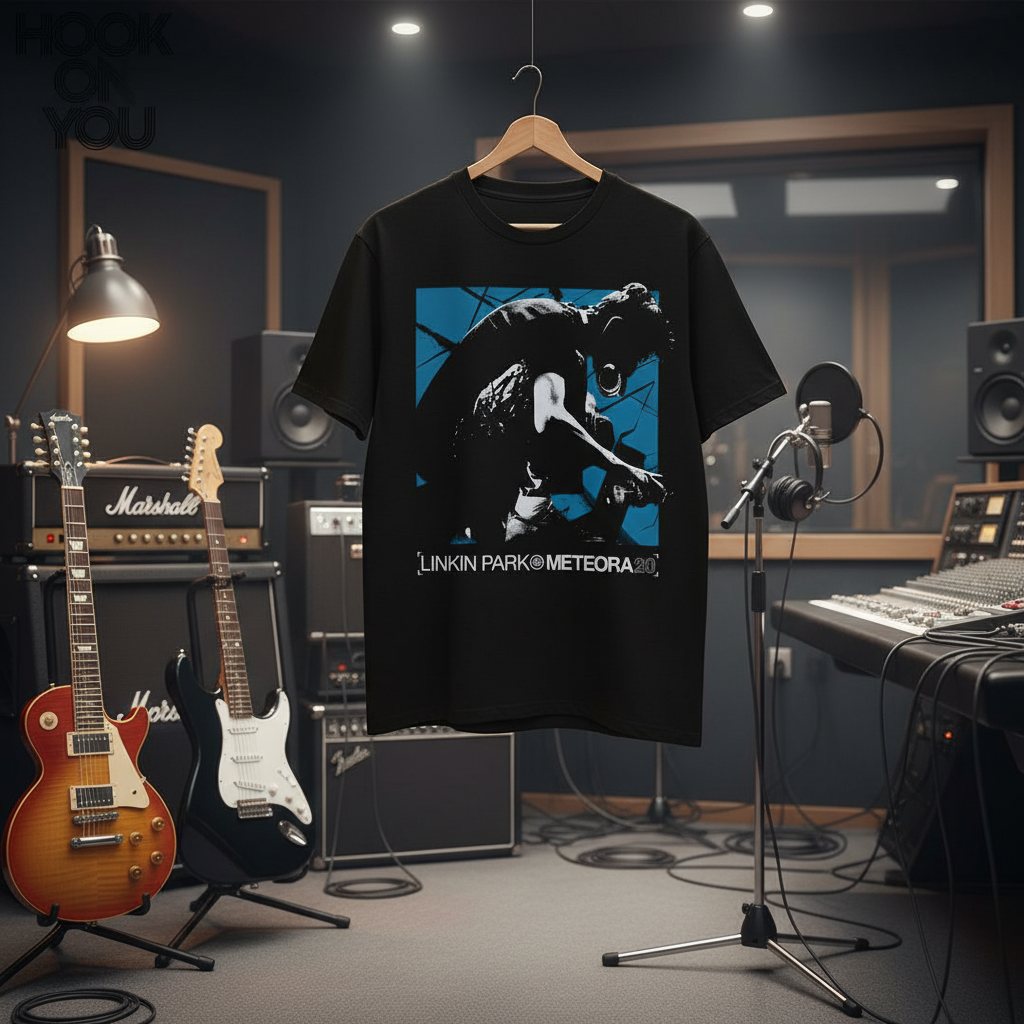 Linkin Park From Zero Tour T-Shirt detail shot in studio with guitars and amplifiers