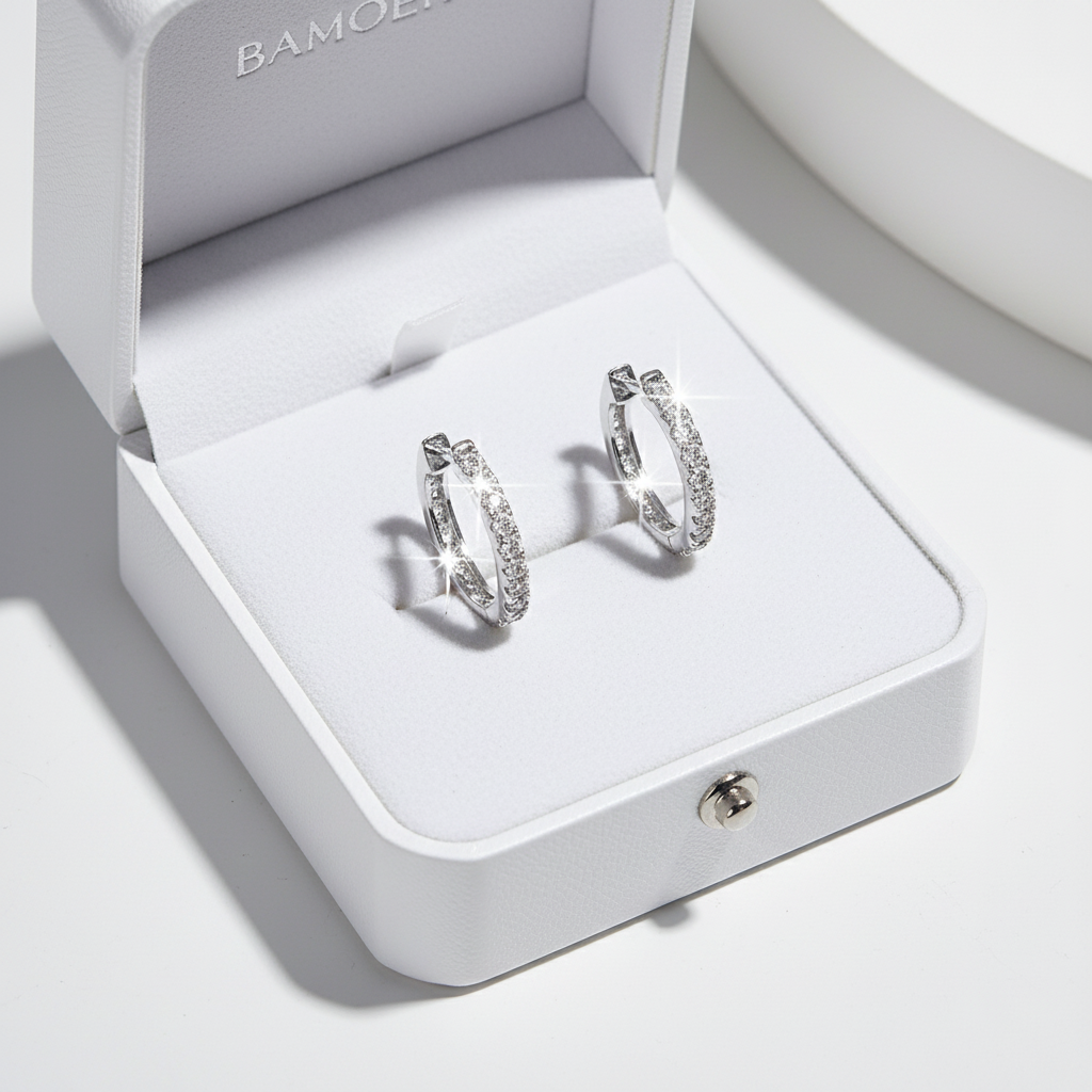 BAMOER 925 Sterling Silver Moissanite Hoop Earrings in luxury white jewelry box