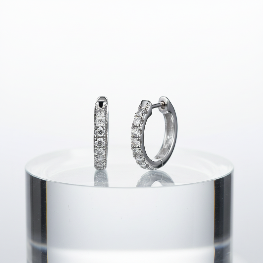 BAMOER 925 Sterling Silver Moissanite Hoop Earrings on glass display