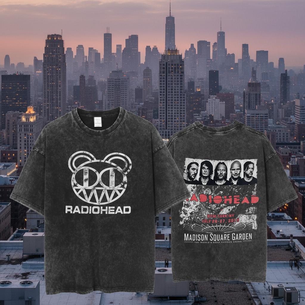Radiohead Washed Cotton Tee on urban rooftop with city skyline