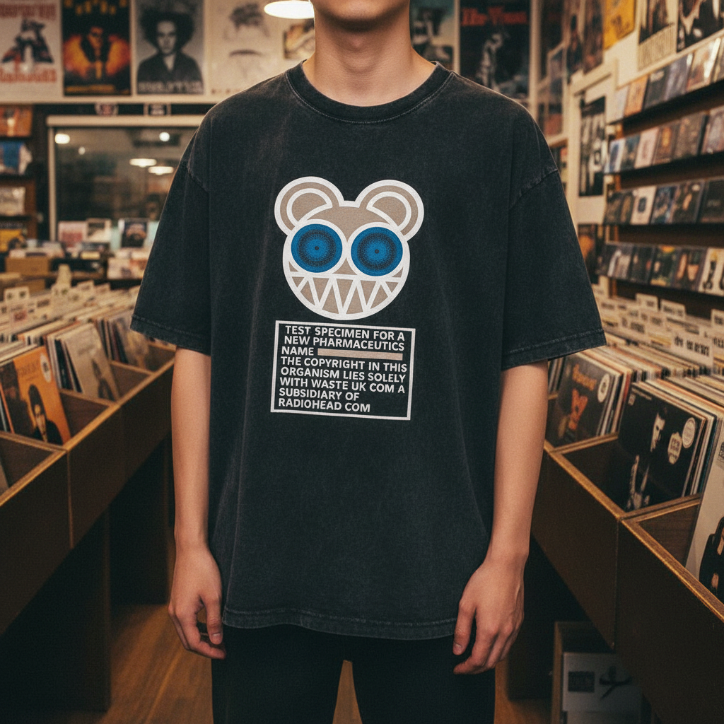 Radiohead T-Shirt on model in indie record store with vinyl