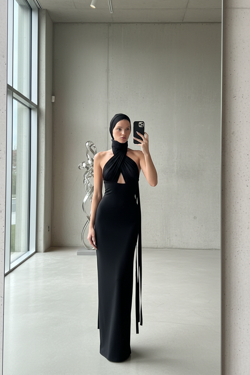 Women's Elegant Halter Neck Long Dress - Backless Evening Gown with Ribbon Detail - Matt's random items Dresses (Image 1)