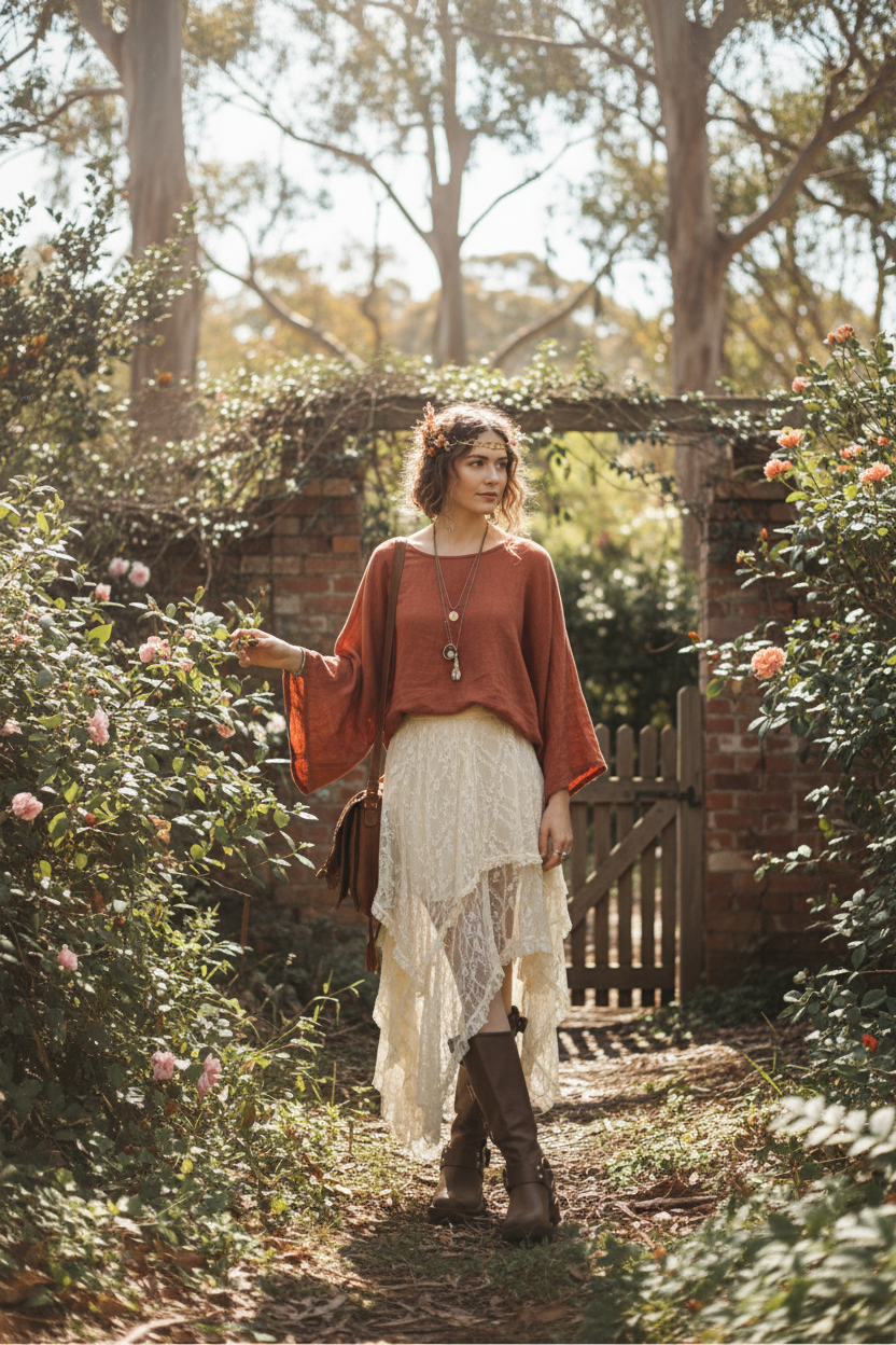 Bohemian lifestyle photo of lace asymmetrical skirt in natural setting