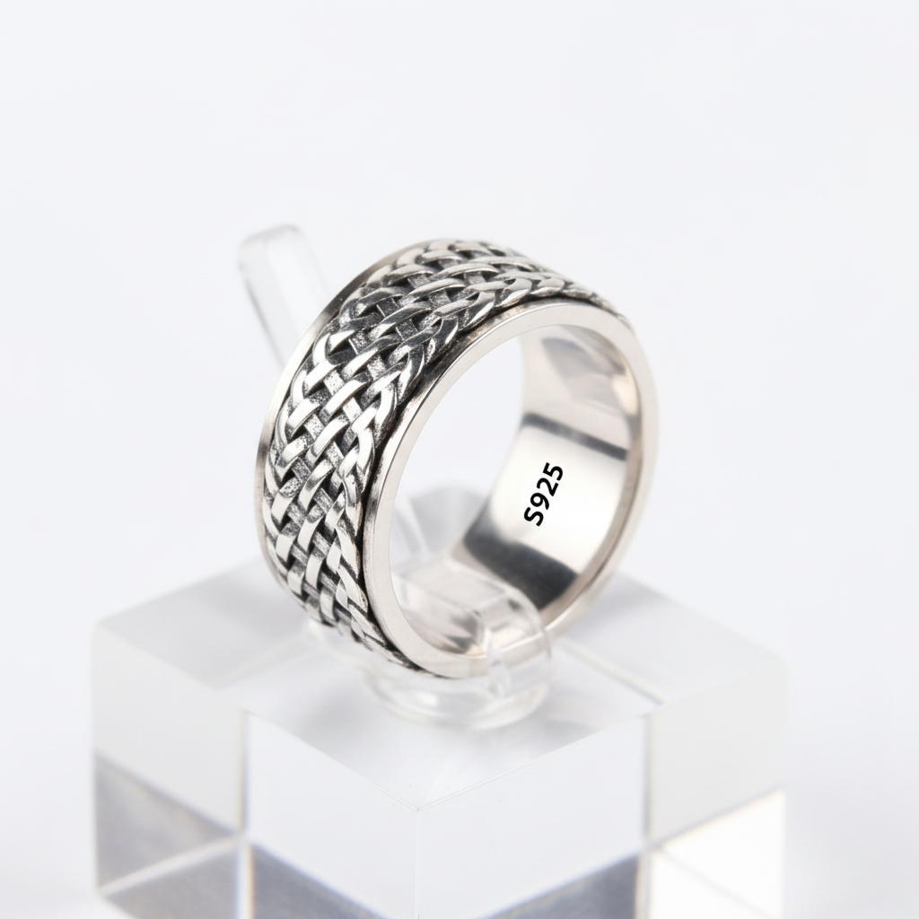 S925 Sterling Silver Viking Ring on modern jewelry display stand with white background