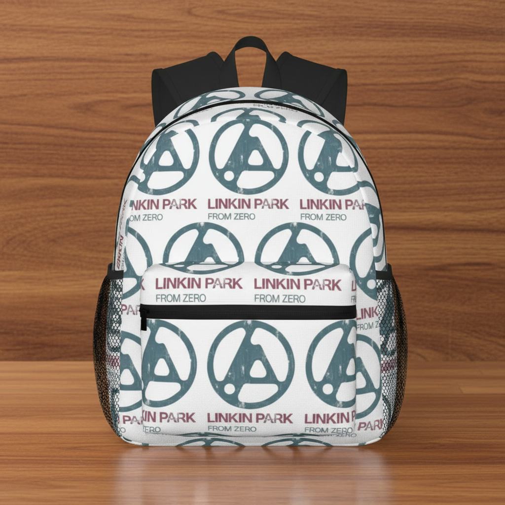 Linkin Park Backpack close-up on wooden desk showing band graphics