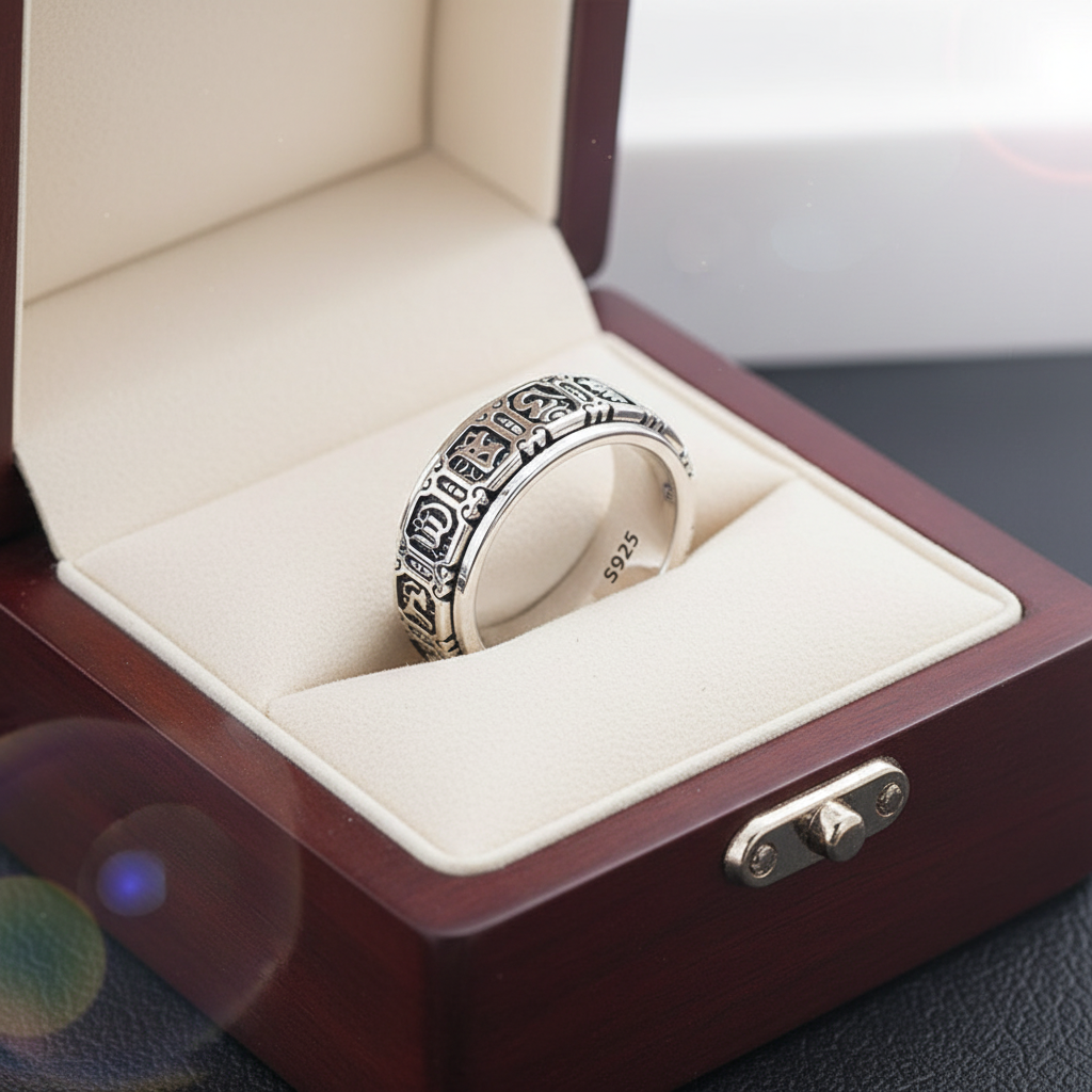 S925 Sterling Silver Viking Ring in elegant ring box with satin cushion