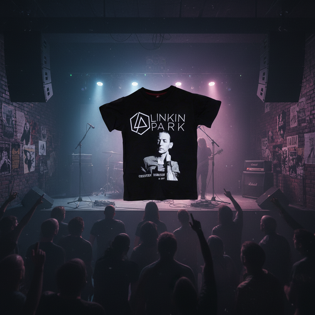 Linkin Park Tribute T-Shirt in rock venue with atmospheric lighting