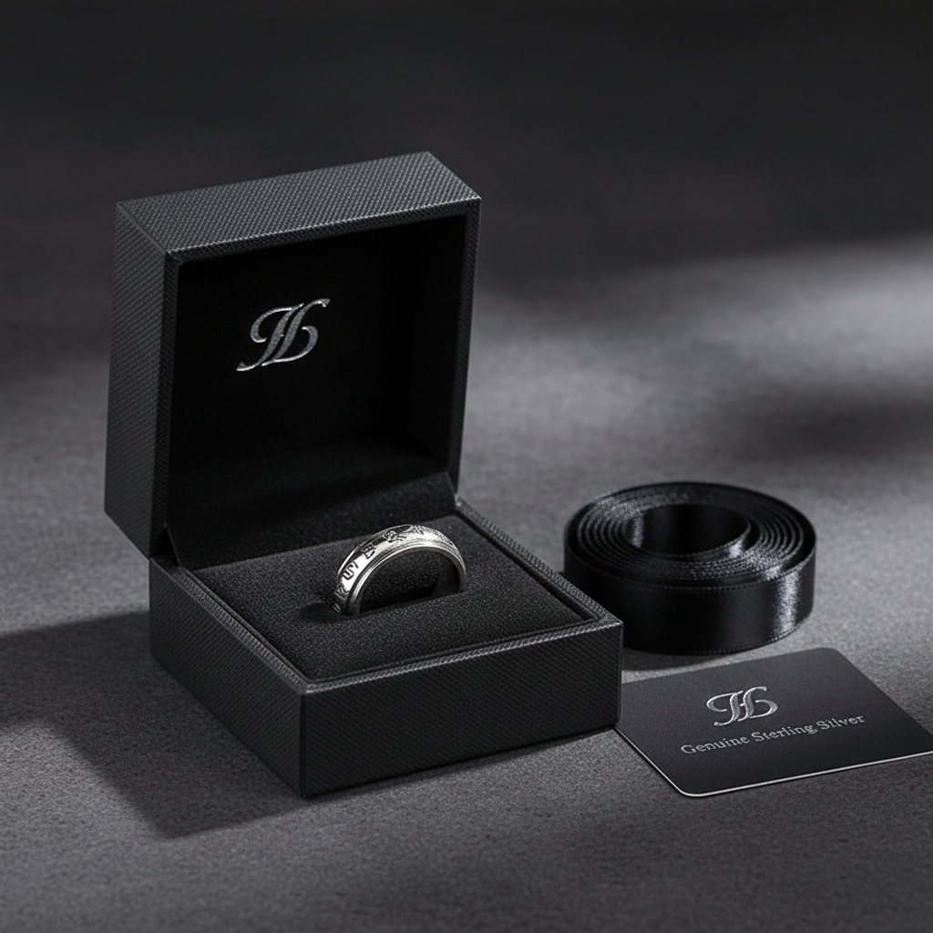 S925 Sterling Silver Viking Ring in black gift box with premium packaging