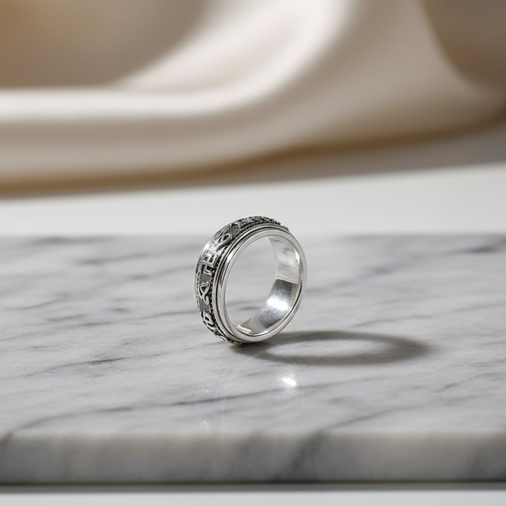 S925 Sterling Silver Viking Ring on marble jewelry display surface