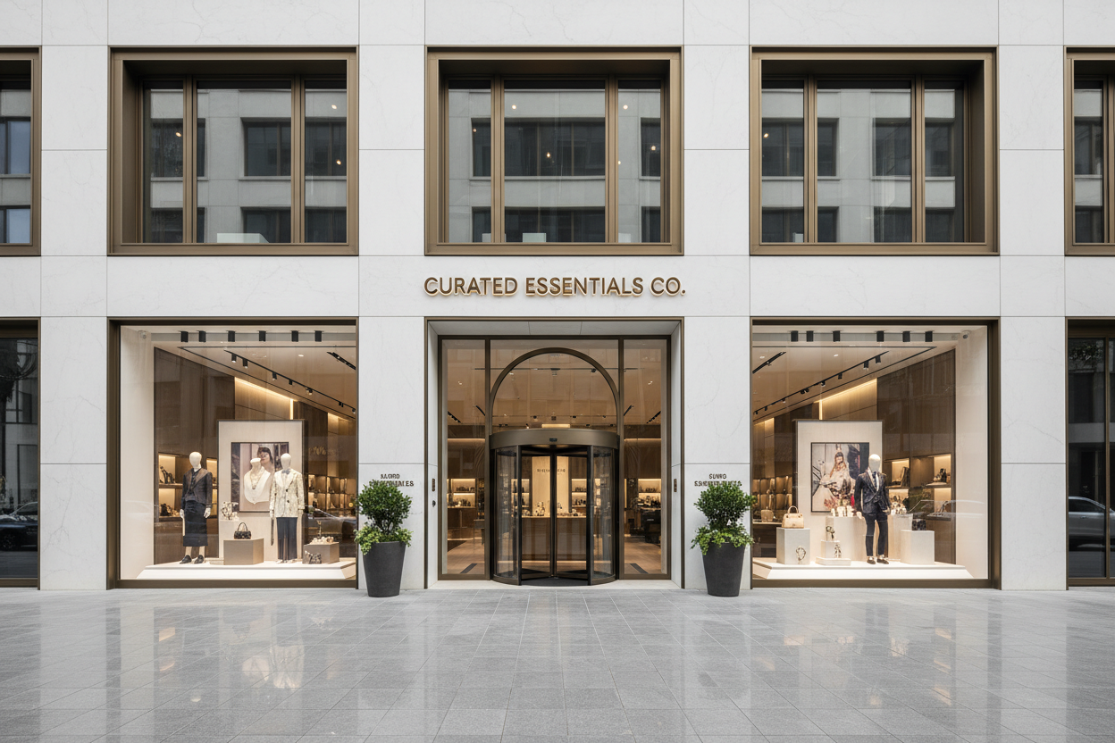 Premium department store front showing curated essentials co. On the front
